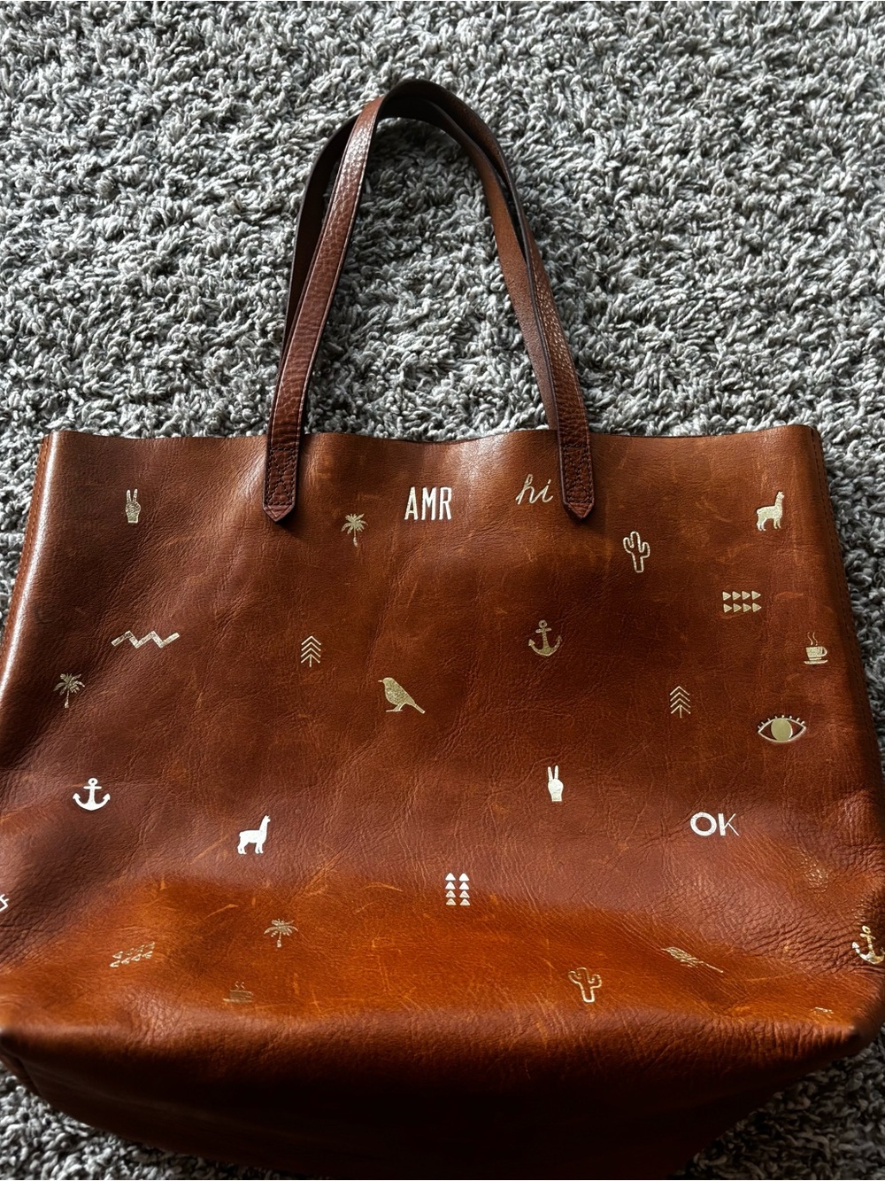 Madewell Tan Leather Tote with gold pictures limited edition transport shopper